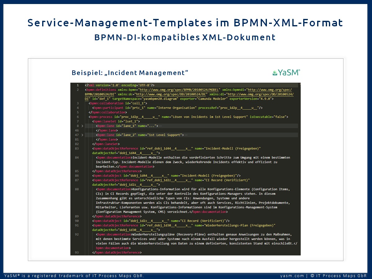 Das XML-basierte Austauschformat BPMN-DI (Diagram Interchange) hilft dabei, BPMN-Prozessdefinitionen zwischen BPM-Tools wie Adonis (BOC), Signavio (SAP), Enterprise Architect (Sparx), iGrafx oder Aeneis (Intellior) auszutauschen. Die XML-Dokumente enthalten die Modell-Semantik und Infos zu den Prozess-Diagrammen. Bsp.: BPNM-DI-kompatibles XML-Dokument YaSM Incident Management.