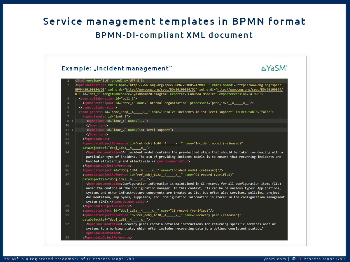 BPMN specifies an XML-based interchange format (BPMN-DI) that is used to exchange BPMN process definitions between BPM tools such as Adonis (BOC), Signavio (SAP), iGrafx or Enterprise Architect (Sparx Systems). BPMN-DI compliant XML files contain the model semantics and the diagram-interchange information. Example: BPMN-DI-compliant XML document YaSM Incident management.