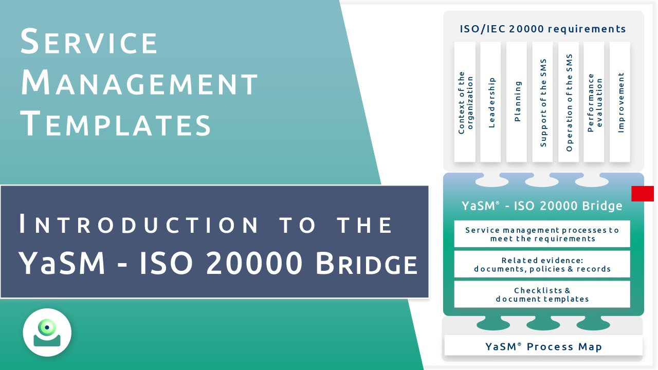 The YaSM - ISO 20000 Bridge: Introduction (video). The YaSM process model is perfectly aligned with ISO 20000 (ISO/IEC 20000:2018). The process diagrams and document templates contained in the YaSM model make the task of designing ISO 20000 compliant processes for your organization manageable.