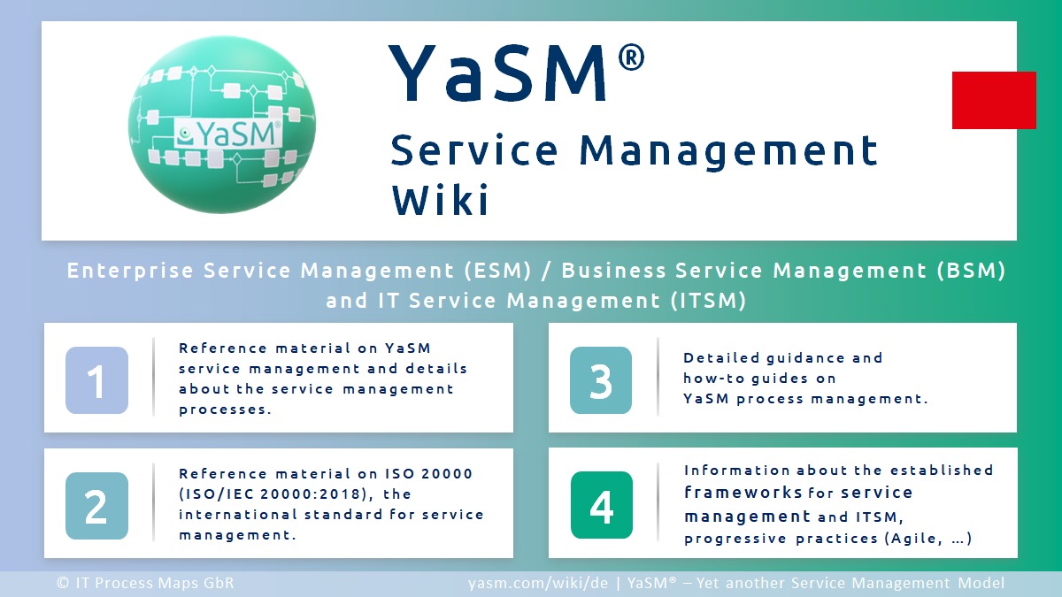 The Service Management Wiki ('YaSM Wiki'): Wiki about YaSM®, service management (ESM, BSM and ITSM), and ISO 20000 (ISO/IEC 20000).